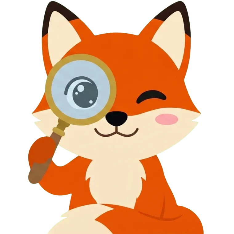 The Findyst fox mascot searching with a magnifying glass